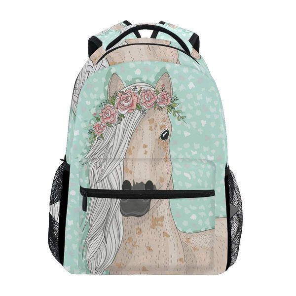 Flower Horse School Backpacks Blue Pony Student Backpack Big For Girls Boys Elementary School Shoulder Bag Bookbag Fairy Tale