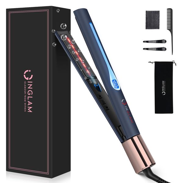 IG INGLAM Titanium Flat Iron Hair Straightener, 1 Inch Curling Iron, Infrared Negative Ionic Hair Iron Straightener 11 Adjust Temp 250°F-450°F, Shiny Hair Dual Voltage 110-240V, Gift, Prussian Blue