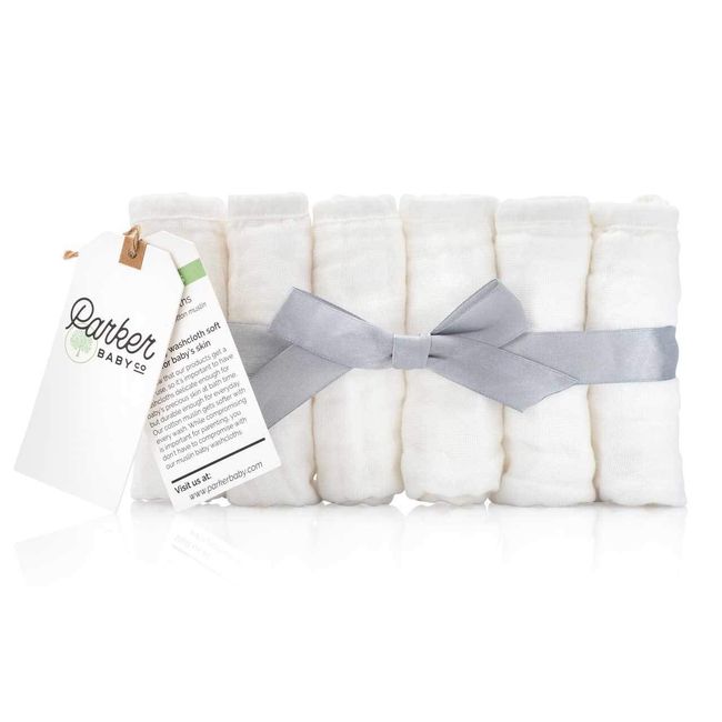 Parker Baby Washcloths - 6 Pack of 100% Cotton Muslin Wash Cloths - Soft, Absorbent and Natural - White