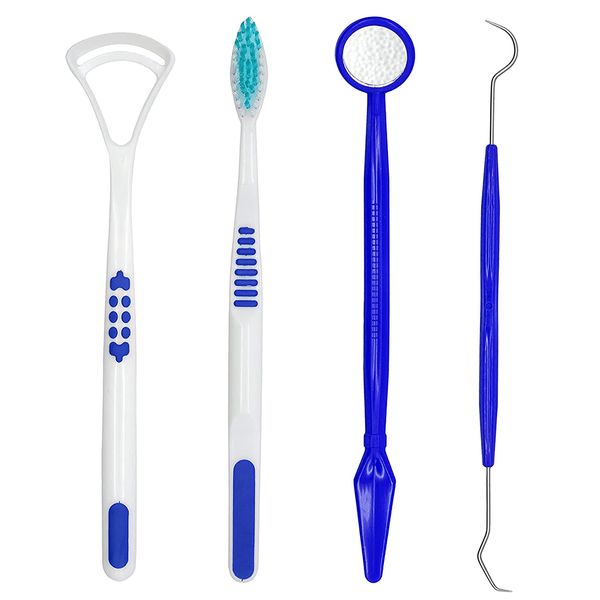 4-Pcs Dental Care Kit in Blue Colour, Oral Cleaning Tool Set, Dental Pick, Dental Mirror, Tongue Cleaner and Toothbrush, Dental Plaque Removal Tools, Ideal for Travel or Small Bathrooms