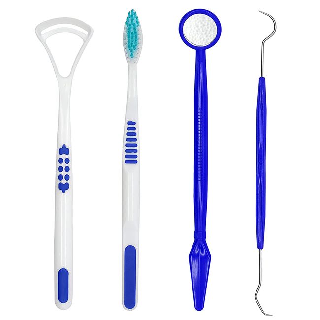 4-Pcs Dental Care Kit in Blue Colour, Oral Cleaning Tool Set, Dental Pick, Dental Mirror, Tongue Cleaner and Toothbrush, Dental Plaque Removal Tools, Ideal for Travel or Small Bathrooms