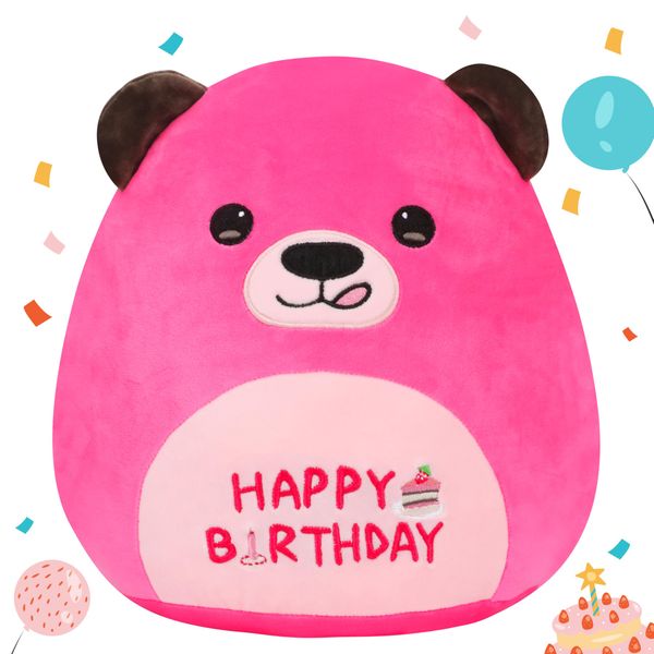 Mushymallow 12” Birthday Bear Plush Pillow Hot Pink Happy Birthday Bear Pillow Soft Bear Stuffed Animal Cute Bear Plush Toy Birthday Gifts for Kids