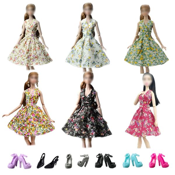 6pcs Fashion Countryside Floral Dress for 11.5" Doll Clothes Party Gown Outfits + 6 Pairs High Heel Shoes 1/6