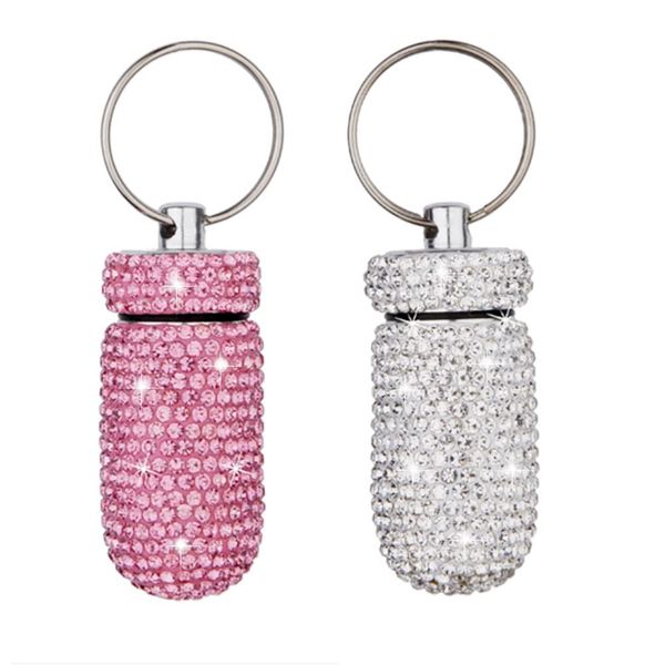 2 Pack Bling Crystal Rhinestones Waterproof Pocket Keychain Pill Holder，Portable Mini Aluminium Alloy Pill Organizer Case Container to Hold Vitamins for Outdoor Camping Travel（Silver,Pink）