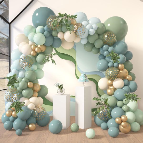 Amandir 170Pcs Dusty Blue Green Balloon Garland Arch Kit, Haze Fog Blue Ash Mist Sage Green Sand White Gold Confetti Balloons for Baby Shower Wedding Bridal Boho Birthday Party Backdrop Decorations