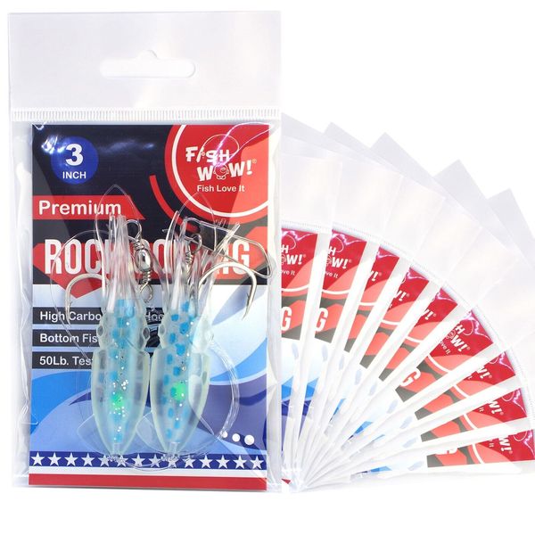 10pks 3" Fishing Rock Cod Rig Twin Bulb Squids Rockfish lingcod Soft Lure Blue