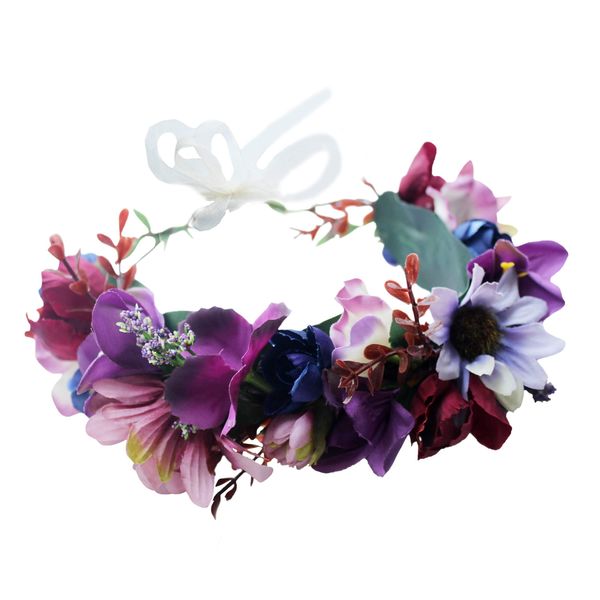 LLinfflr Women Floral Crown Boho Flower Headband Hair Wreath Floral Halo Headpiece with Ribbon Wedding Party Photos Purple