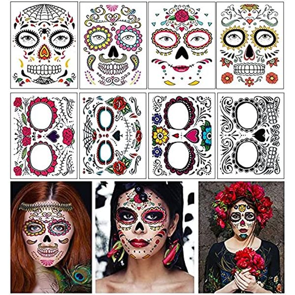 Temporary Face Tattoo,8 Kits Tattoos Sugar Skull Stickers Day of The Dead Makeup, Face Tattoo Rose Design for Halloween, Masquerade and Parties (Face stickers)