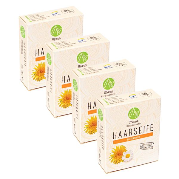 Mara Naturkosmetik - Feste Haarseife Blütentraum – Pflegende Wellness Reinigung ohne Palmöl für Frauen, Männer – Naturseife, nachhaltig, vegan, bio, umweltfreundlich, handgemacht, zertifiziert 4x90g