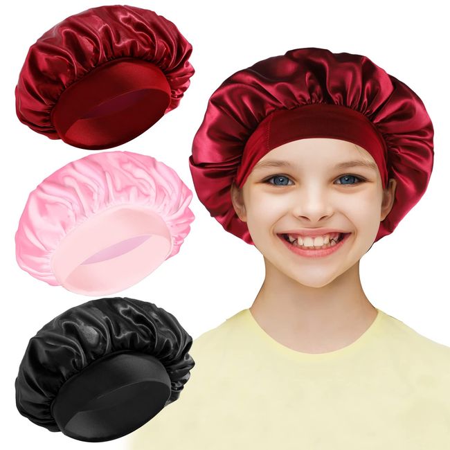 3 Pieces Kids Silk Bonnet, Children Satin Bonnet Hair Bonnets Elastic Wide Band Night Sleep Bonnet Soft Satin Sleep Caps Hair Cap for Kids Girls Sleeping Hair Care