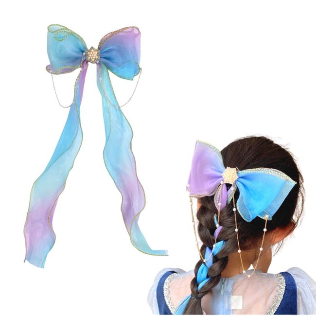 0GULUS Hair Accessories, Hair Clip, Princess Ribbon, Large Size, Dress, Stylish, Cosplay, Recitals, Children, Hairpin Birthday (Elsa Blue)