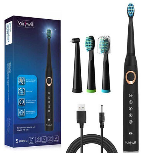 Oral Health Sonic Electric Toothbrush Fairywill 5 Modes 40,000VPM 4X Heads USB