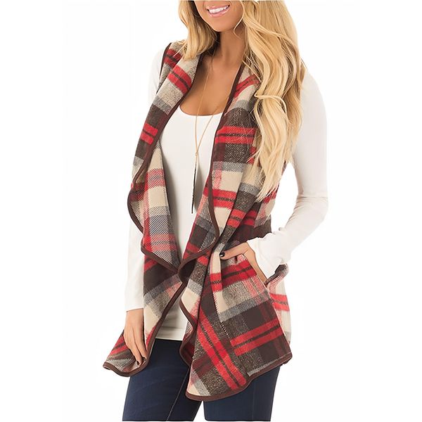 Unidear Womens Casual Plaid Print Sleeveless Open Front Cardigan Sweater with Pockets Light Red L