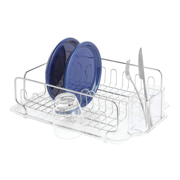 iDesign Forma Stainless Steel Sink Dish Drainer Rack with Tray Kitchen Drying Rack for Drying Glasses, Silverware, Bowls, Plates, Clear