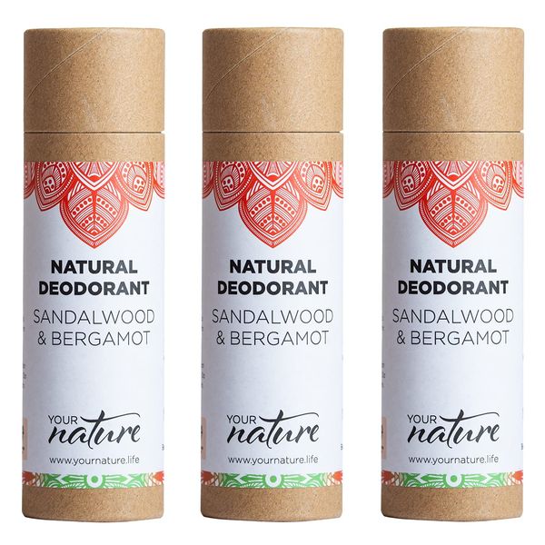 Trio Pack – YOUR NATURE – Sandalwood & Bergamot Natural Deodorant Stick/Plastic Free & 100% Recyclable/Natural Ingredients/Vegan & Eco Friendly/Cruelty & Toxin Free/Handmade in UK – 70g