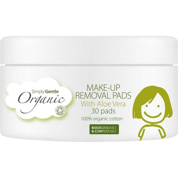 Simply Gentle Organic, Facial Cleansing Pads, with Aloe Vera - 100% Organic Cotton - Gently and Effectively Remove Makeup and Waterproof Eye Makeup - 30 Pieces