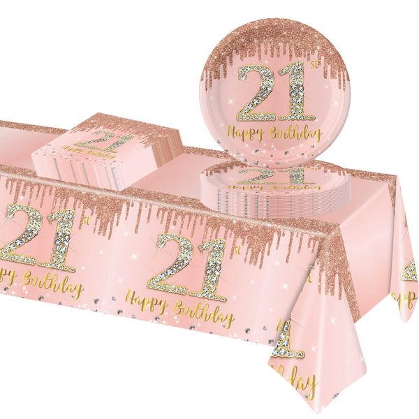 POPOYU 37Pcs Rose Gold 21st Birthday Tableware Set,Happy Birthday Party Dinnerware Set,Rose Gold Paper Plates 9 Inch Napkins Table Cloth for Girls,Women,Her 21st Birthday Gifts Party Supplies