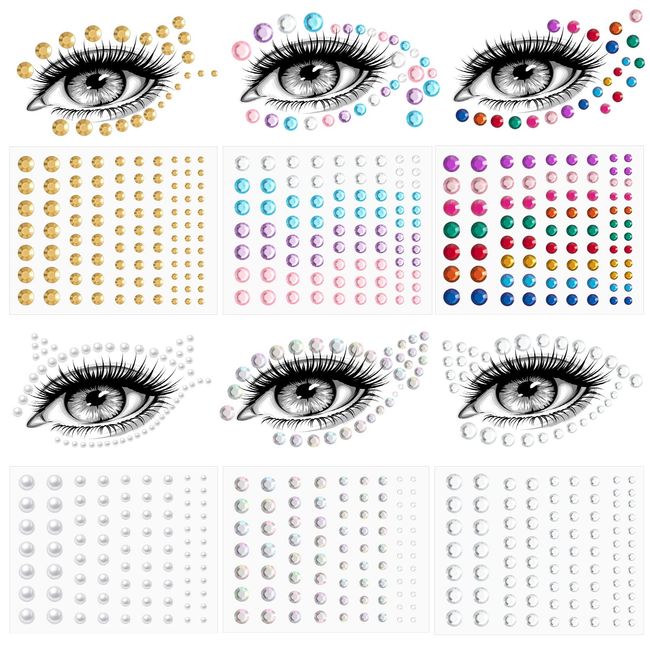 LOYIM 6 Blatt Gesicht Glitzersteine für Frauen Gesicht Edelsteine Augen Stirn Körper Strass Aufkleber Regenbogen Strasssteine für Festival Makeup Party Zubehör Nagel Dekoration