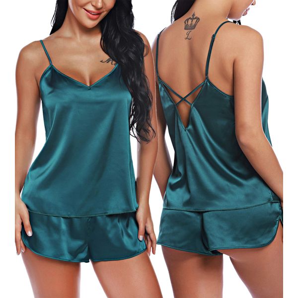 RSLOVE Sexy Satin Shorts Women Satin Sleepwear Pyjamas Set Sexy Cami and Shorts Set Nightwear Lingerie Green S