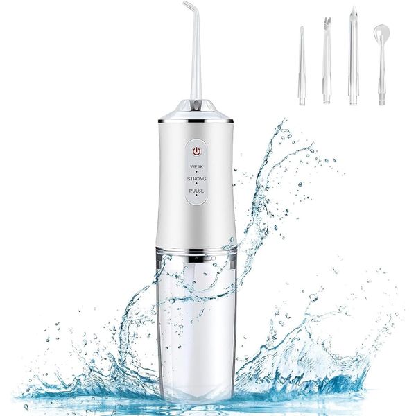 Demanca Jet Washer, Oral Washer, 3 Modes Adjustable, Water Floss, Waterproof, Interdental Cleaner, Oral Cleaner, Cleaning, Halitosis, Periodontal Pocket, Portable, Mouth Washer, 4 Nozzles (White)