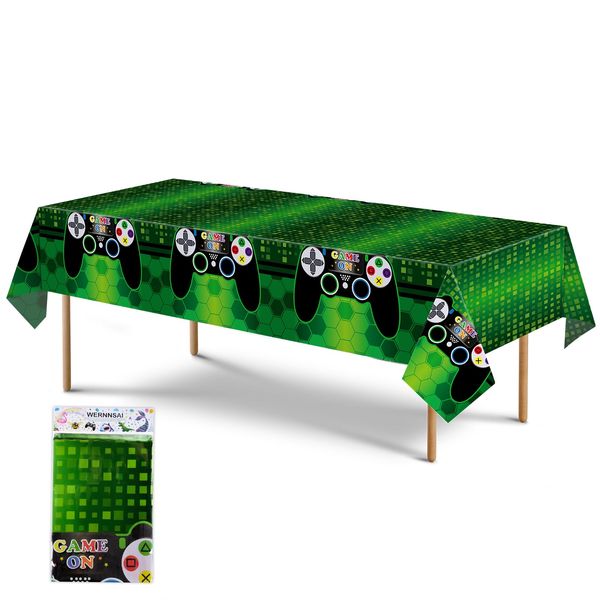 WERNNSAI Video Game Table Covers - 1 PCS 137 x 274 CM Disposable Printed Plastic Tablecloth, Gaming Party Supplies for Kids Player Geek Game Themed Party Tableware Decoration