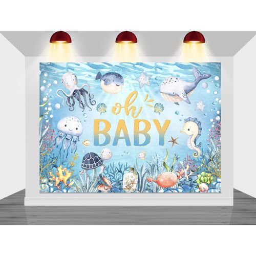 Mocsicka Under The Sea Baby Shower Backdrop Ocean Oh Baby Baby Shower Party Decorations Underwater Ocean Life Animals Background for Kids Boys Cake Table Banner (Blue, 7x5ft(82"x60"))