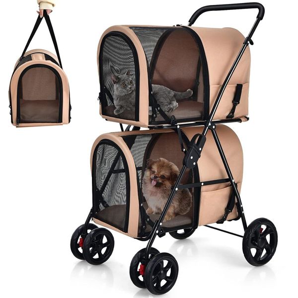 Giantex Double Pet Stroller with 2 Detachable Carrier Belt, 4  (Beige) ﻿ ﻿