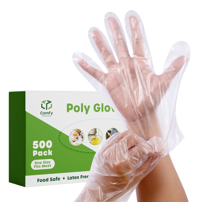 Comfy Package 500 Count Disposable Sterile Poly Plastic Gloves for Cooking, Food Prep and Food Service | Latex & Powder Free - One Size Fits Most