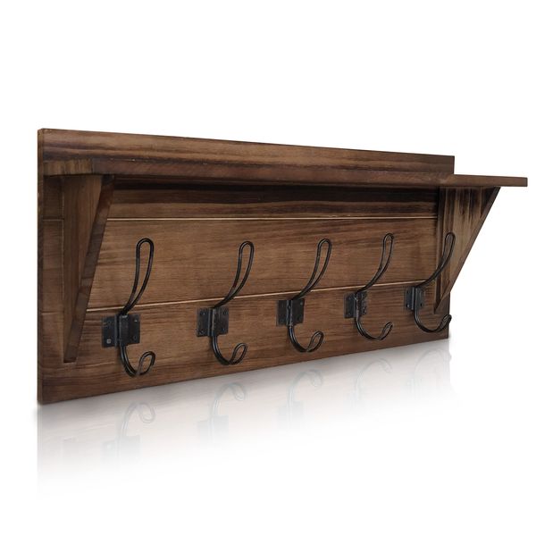 HBCY Creations Rustic Brown Solid Wood Wall Mounted Coat Rack with Shelf, 5 Hooks, 24" Long - Kitchen, Mudroom, Entryway, Bathroom - Includes Mounting Hardware, Coat Hanger, Dog Leash Hooks