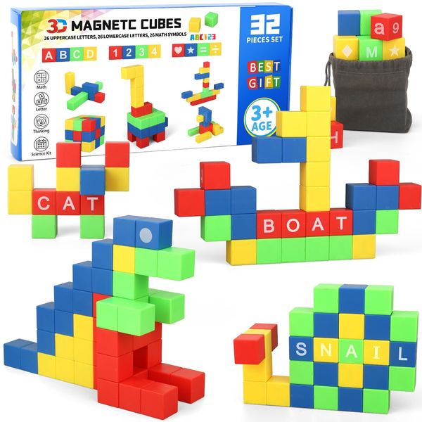 Magnet Building Toys Blocks Magnetic Tiles Cubes for Kids, Letter Math Alphabet Magnets Sensory STEM Building Block with Graph STEM Toy Construction Science Kit Magnet Toys for Boys Girls, 32PCS