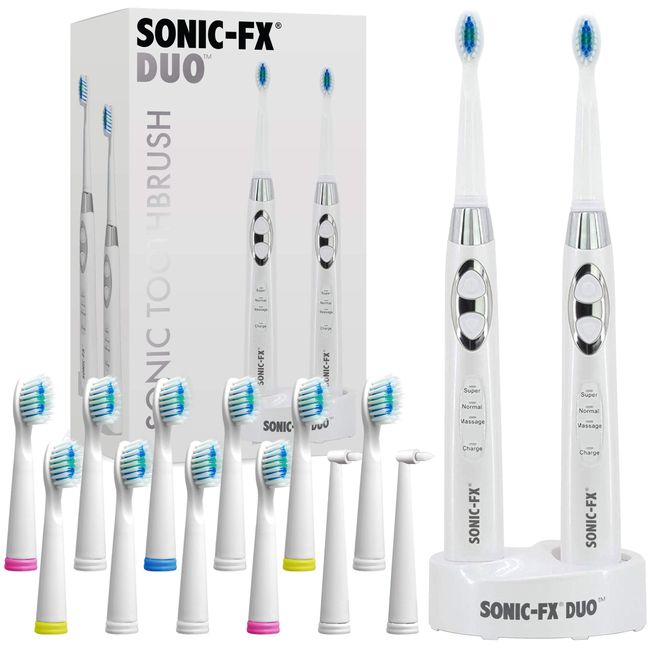 Sonic-FX Duo Dual Handle Sonic 3 Brushing Modes Toothbrush Set with Smart Timer for Adults and Kids | Dual Electric Rechargeable Toothbrush with Charging Dock Brush Holder and 14 Brush Heads, White