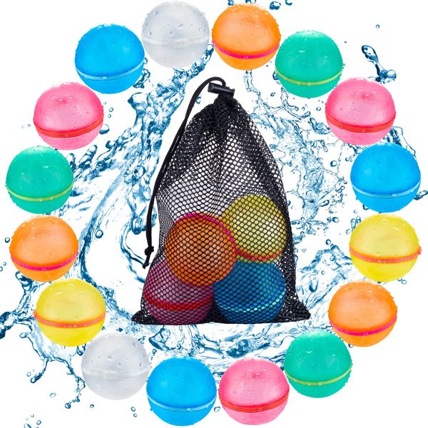 Tizikcon 16PCS Magnetic Reusable Water Balloons, Refillable Silicone Bath Pool Beach Toys for Kids, Quick Fill Self-Sealing Splash Balls for Outdoor Water Fun Summer Family Games