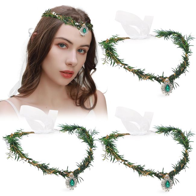 LACGO 3 PCS Easter Fairy Flower Crowns - Princess Leaf Headpiece with Rhinestone for Women Cosplay Decorations Bridal Hair Accessories for Girls Wedding Birthday Costume Party（Green）