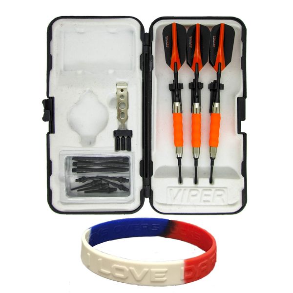 Sure Grip Viper Orange Soft Tip Darts with Dart Case & Accessories Choice of Flights 16 or 18 Grams Plus I Love Darts Bracelet (Harrows Retina Slim, 18g)