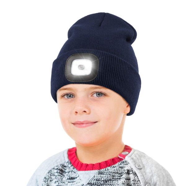 YunTuo Beanie with Light for Kids, USB Rechargeable Hands Free LED Headlamp Cap Winter Knitted Night Lighted Hat Flashlight Navy Blue