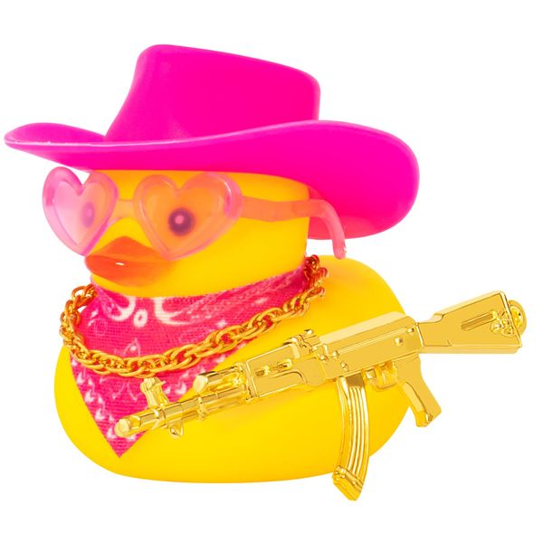 wonuu Rubber Duck Yellow Duck Car Dashboard Decorations Car Ornaments for Cool Car Accessories with Cowboy Hat Necklace and Sunglasses, pink hat love galssess