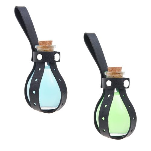 Eco-Fused 2 x Small Cosplay Drinking Bottle - Clear Spherical Cosplay Wizard Witch Costume Accessories - Includes Cork, Black Faux Leather Sleeve Holder, Belt Loop