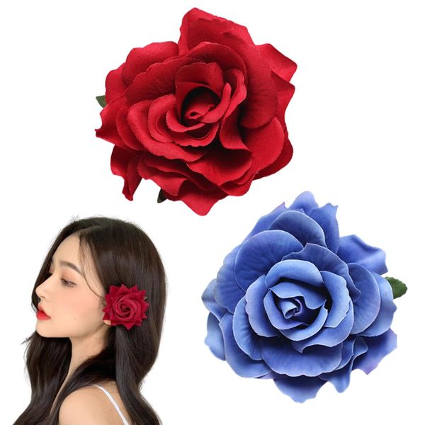 Getrays 2pcs Rose Flower Hair Clips,Women Big Flower Brooch Bridal Headpiece,Flamenco Dancer Hairpin Bohemia Style Headdress Hair Accessories Wedding Beach Girls Hair Clips(Red+Blue)