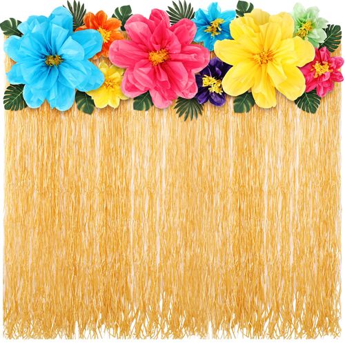 Colingmill 22 Pcs Hawaiian Luau Beach Backdrop with Colorful Paper Flowers Decor Set 5. 6ft x 3. 3ft Luau Grass Backdrop 3D Hibiscus Paper Flower Palm Leaves for Aloha Party Decor(Green Flowers)