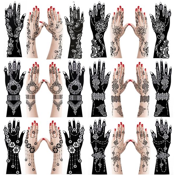 XMASIR 12 Blatt Tattoo Schablone Hand Temporäre Tattoo Kit Vorlagen, Indian Arabian Selbstklebende Tattoo Aufkleber für Hand Body Art Paint für Erwachsene Frauen Teenager Mädchen