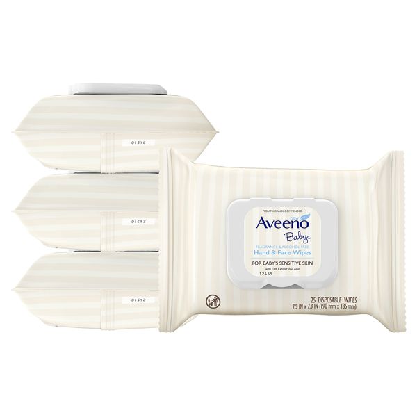 Aveeno Baby Fragrance Free Hand & Face Wipes with Oat Extract & Aloe, Cleansing & Moisturizing Baby Wipes for Sensitive Skin, Sulfate-, Alcohol-, & Paraben-Free, Hypoallergenic, 25 ct