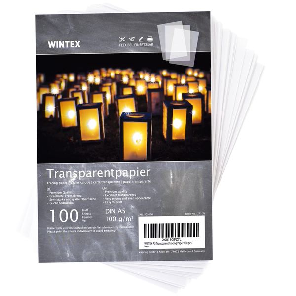 WINTEX Transparent Tracing Paper A5 - Pack of 100 - Trace Pad Sheets for Inkjet Printing - Transparency Papers for Design & Architecture