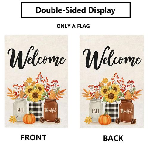 Fall Sunflowers Pumpkins Garden Flag 12x18 Inch Double Sided Small Burlap Welcome Autumn Floral Mason Jar Holiday Flag for Outside Yard Decor