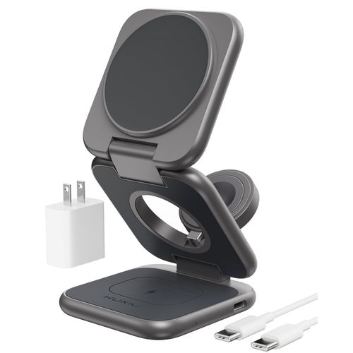 Foldable Magnetic Wireless Charger, KU XIU X40 Plus Aluminum Alloy 3 in 1 Charging Station for Apple, Fast Mag-Safe Charger for iPhone 16 15 14 13 12 Series, 5W for iWatch, AirPods 3/2/Pro, Dark Gray