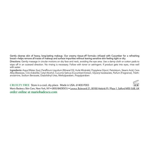 Mario Badescu Cucumber Makeup Remover Cream with Non-Greasy Formula - Emollient Cold Cream Makeup Remover for Heavy and Waterproof Make Up - Ideal for Dry or Sensitive Skin, 4 Oz