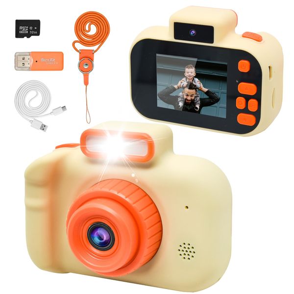 toyofmine Upgrade Kids Camera, Birthday Gifts for Boys and Girls 3 4 5 6 7 8 9 Year Old, Full HD Video Digital Camera for Kids Toddler Teens, Children Portable Toys Camera with 32GB SD Card (Beige)