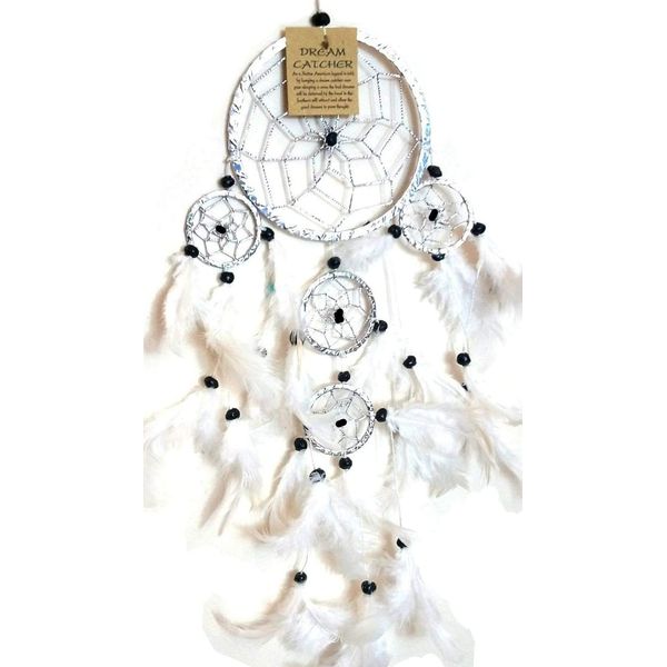 SHINY WHITE & SILVER DREAM CATCHER BEAUTIFUL DREAMCATCHER WITH FEATHERS