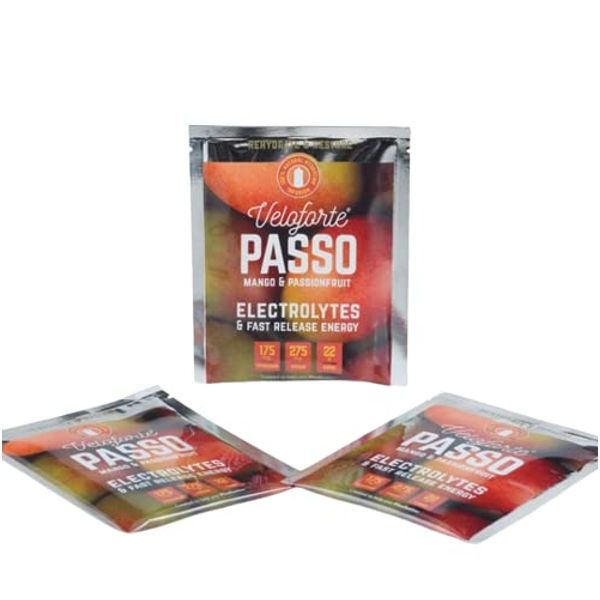 Veloforte Passo Natural Electrolyte Powder, Fast-Release Electrolytes & Energy for Hydration & Performance, Mango & Passionfruit Flavour, Perfect for During & After Exercise (1)