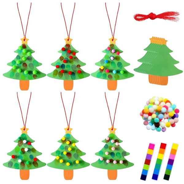 Zhanmai 48 Sets DIY Thumbprint Christmas Tree Ornament Craft Kit 5.24 x 4.17 Inch Make Your Own Tree Thumbprint Sign with Rope 6 Pcs Colorful Ink Pad 6 Pack Balls 3 Sheets Glue Points for Art Project