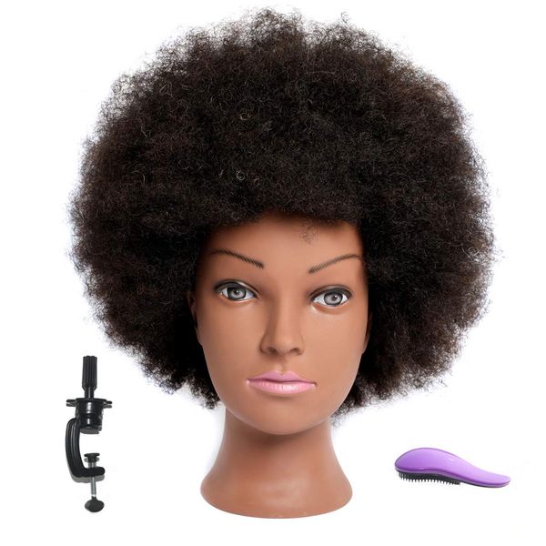 Phamb Afro Mannequin Head with 100% Human Hair for Practice Braiding African American Cosmetology Doll for Hairdresser with Table Clamp Stand (D8A-Black)